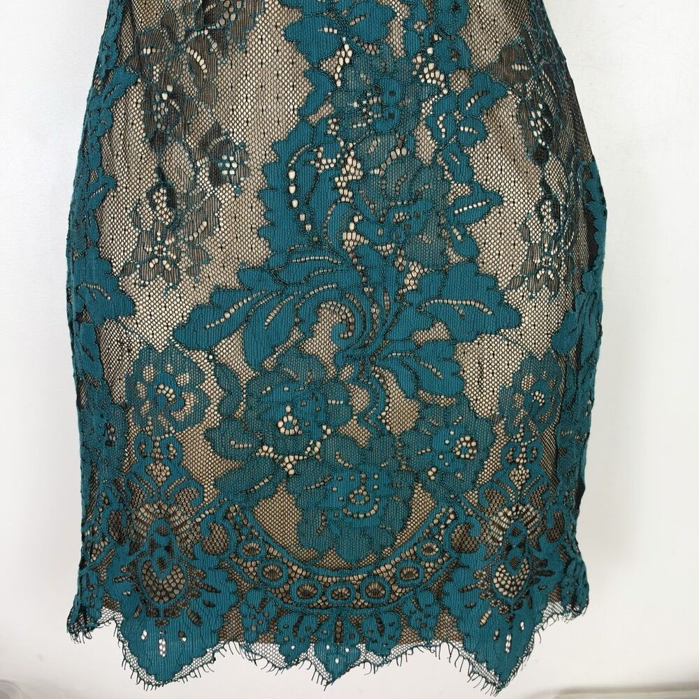 bebe Lace Mini Dress Sz 2 Teal Black Nude Floral Y2K Lingerie Romantic Coquette - Picture 5 of 12